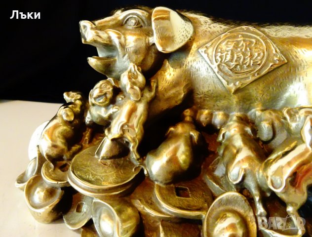 Бронзова статуетка Прасе с прасенца,злато,фън шуй 1.5 кг. , снимка 7 - Статуетки - 26225153