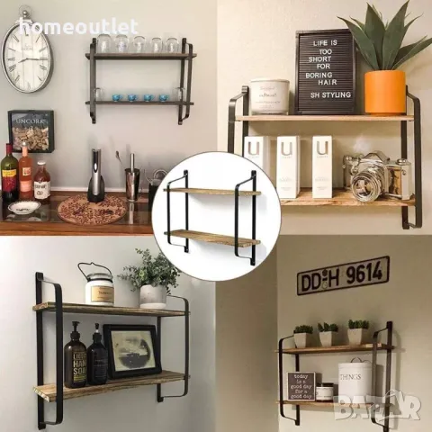 ПРОМОЦИЯ Стенен рафт на 2 нива от естествена борова дървесина UNHO ZJJ204, снимка 2 - Етажерки - 49085660