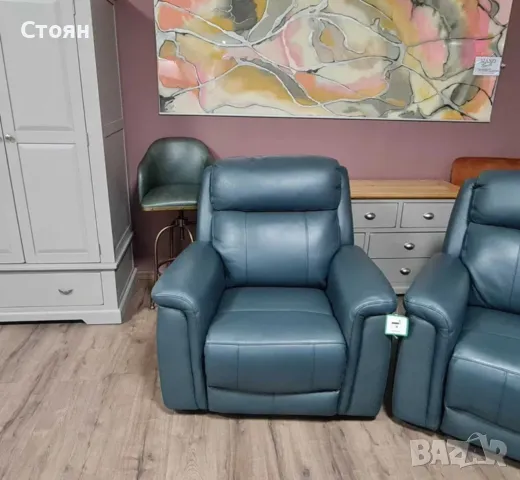 Тюркоазено син кожен комплект - диван тройка и два фотьойла La-z-boy, снимка 3 - Дивани и мека мебел - 49936251