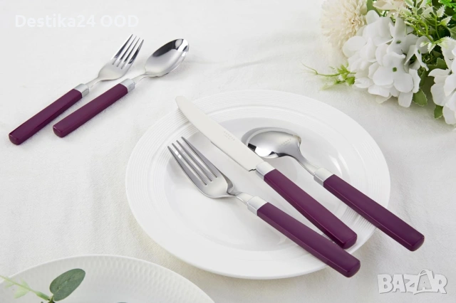 Комплект прибори от неръждаема стомана с лилави дръжки – 20 части, снимка 6 - Прибори за хранене, готвене и сервиране - 53442099