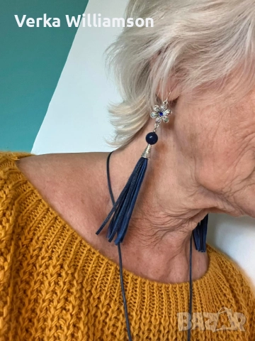 Модел 67. Син комплект колие с обици от естествена кожа и полускъпоценни камъни модел 67 , снимка 4 - Бижутерийни комплекти - 52514931