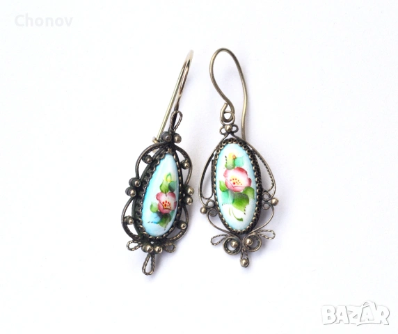 Стари Съветски порцеланови обеци от мелхиор, снимка 2 - Антикварни и старинни предмети - 53428648