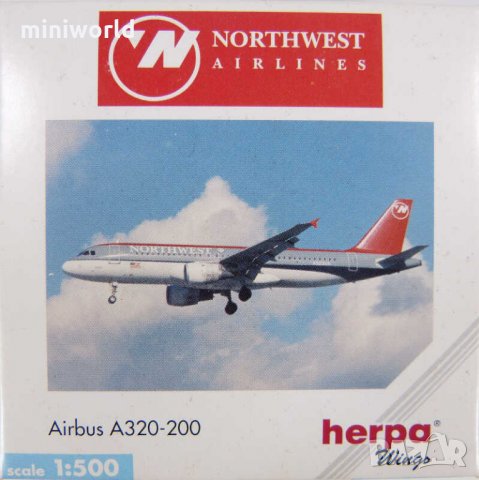 Airbus A320-200 Northwest Airlines самолет - мащаб 1:500 на HERPA Wings моделът е нов в кутийка, снимка 4 - Колекции - 32293963