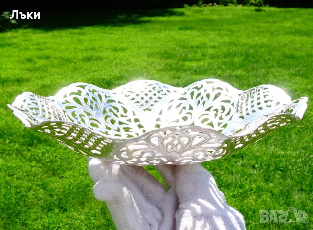 Посребрена фруктиера,разкошен ажур 22 см.,барок. , снимка 8 - Антикварни и старинни предмети - 33339545