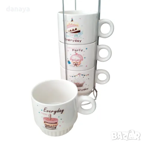 5547 Комплект керамични чаши на метална стойка Everyday Happy, снимка 2 - Чаши - 48792511