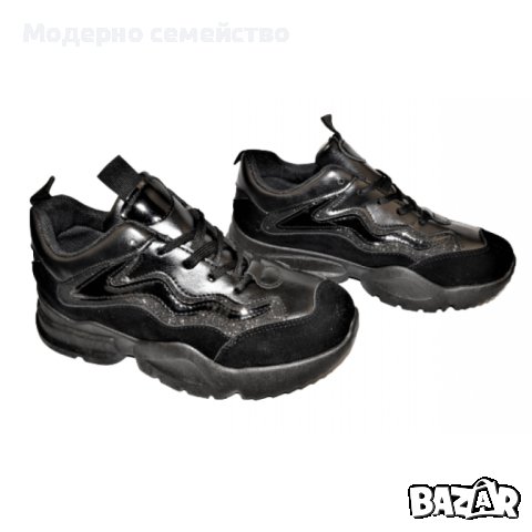 Дамски маратонки в черно с връзки /лак, снимка 1 - Маратонки - 44029954