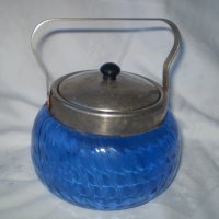 Ретро Бонбониера Синьо стъкло метален капак с дръжка, снимка 5 - Други ценни предмети - 39367235