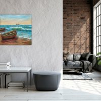 Море и лодки маслена картина , снимка 4 - Картини - 42821202