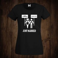 Дамска тениска с щампа ЗА МОМИНСКО ПАРТИ Just Married , снимка 1 - Тениски - 26612723