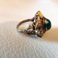 Стар авторски масивен сребърен пръстен с естествени перли и позлата, снимка 2 - Пръстени - 28452252
