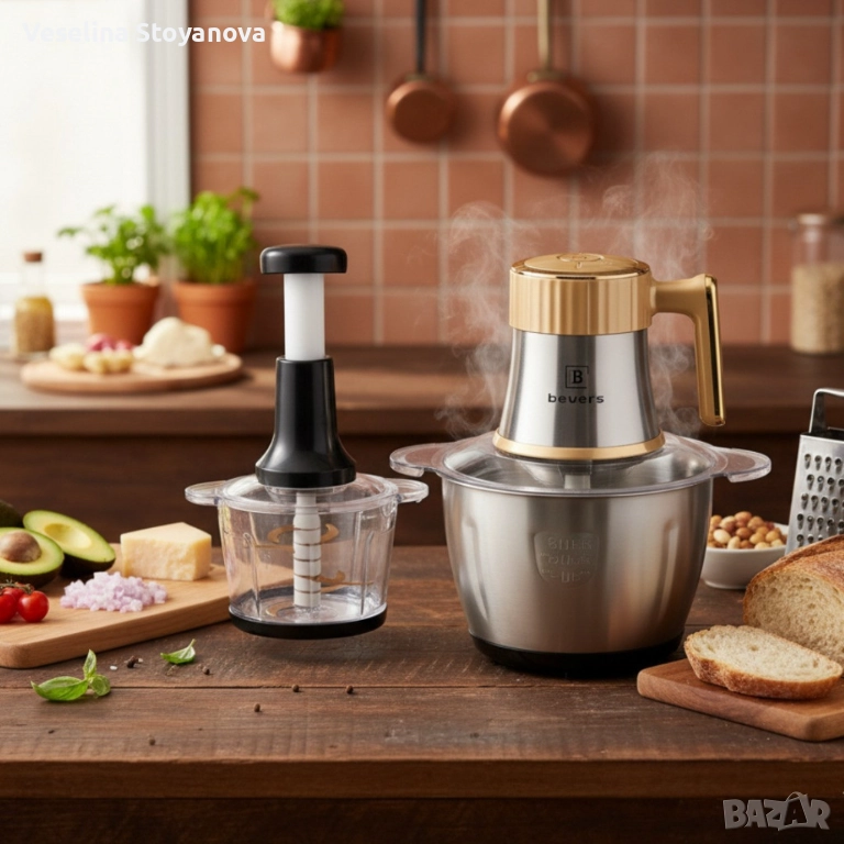 Многофункционален електрически кухненски чопър Beyers BH-2880 + Ръчен чопър с 3L стъклена купа, снимка 1