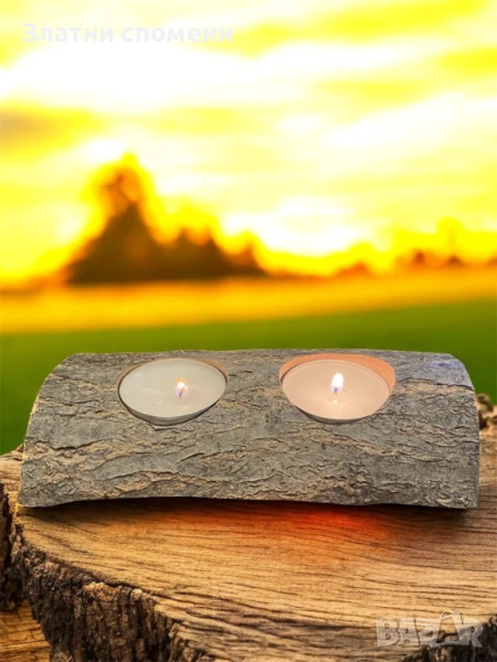Поставка за 2 свещи от естествено дърво с кора, снимка 1