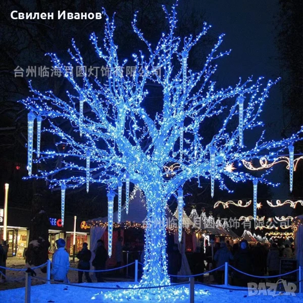 Коледна светеща украса тип падащ сняг / Светеща висулка  42cm / Бяла светлина / 8бр висулки, снимка 1