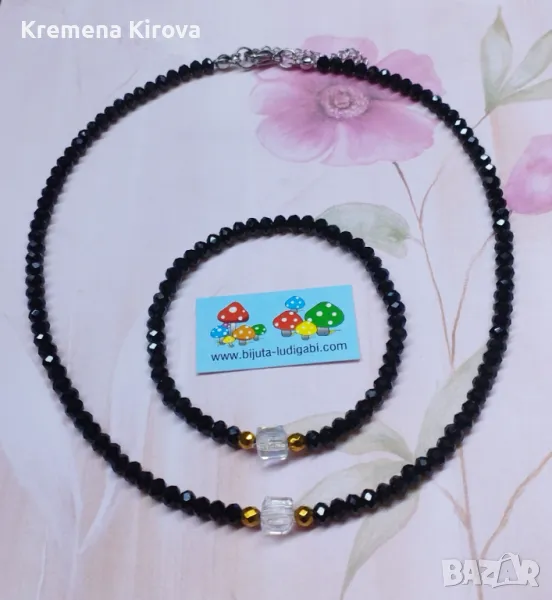 Дамски комплект колие и гривна с оникс, кристали и хематит.Идея за Коледен подарък за жена. , снимка 1