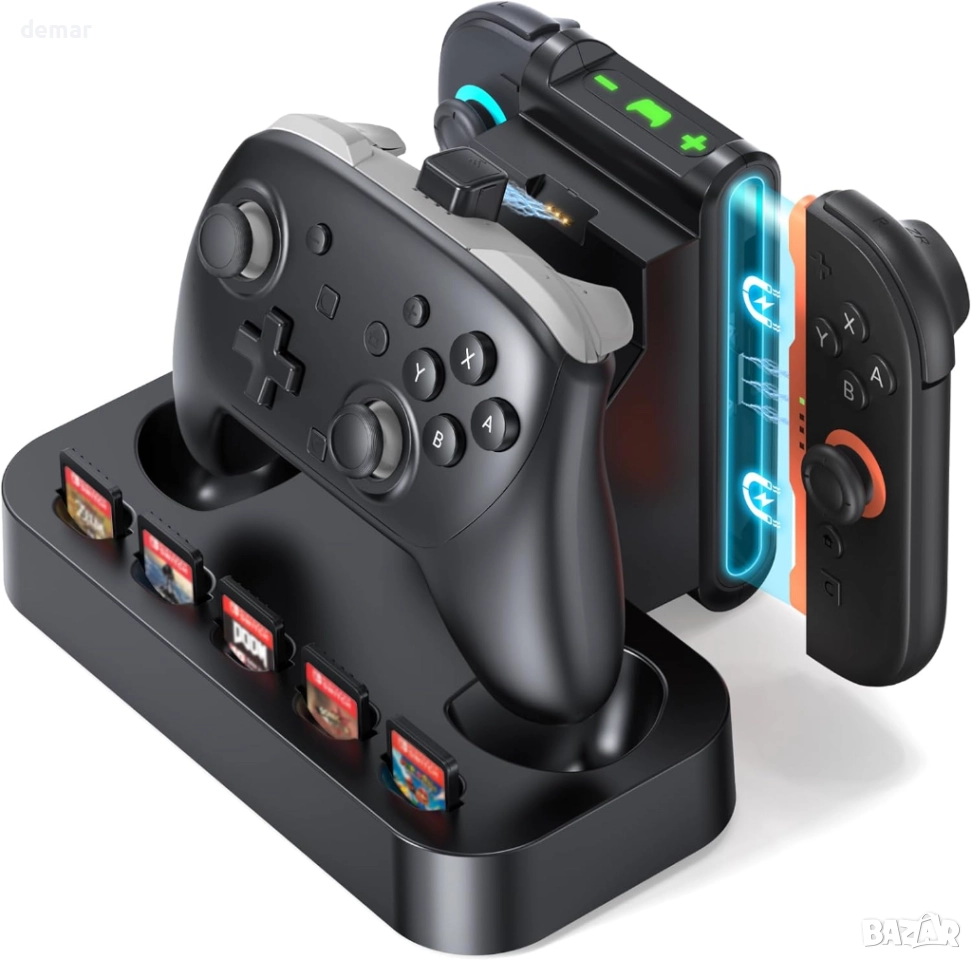 Зарядна станция NEWDERY за контролер Nintendo Switch 2 и Joycon, LED индикатори, слотове за 5 карти, снимка 1