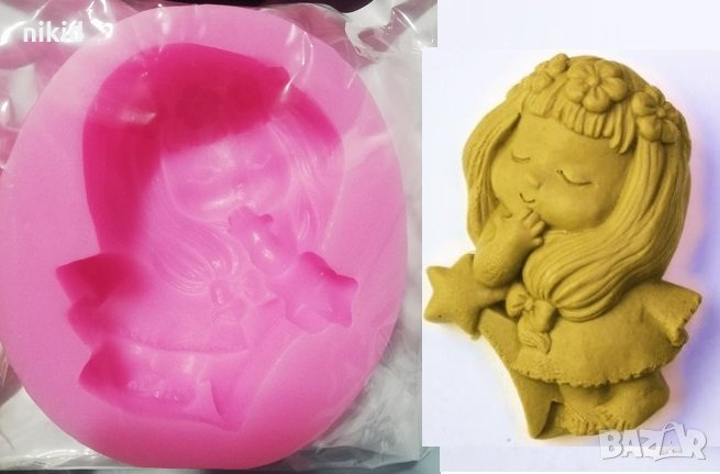 Малко момиченце с венец и звезда голям Дълбок силиконов молд форма тесто фондан сапун гипс шоколад , снимка 1