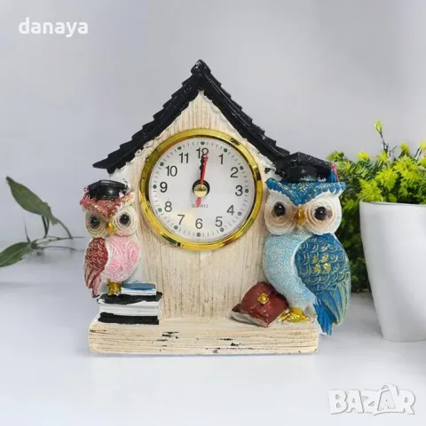 5832 Настолен часовник Къщичка с две бухалчета, 13x12cm