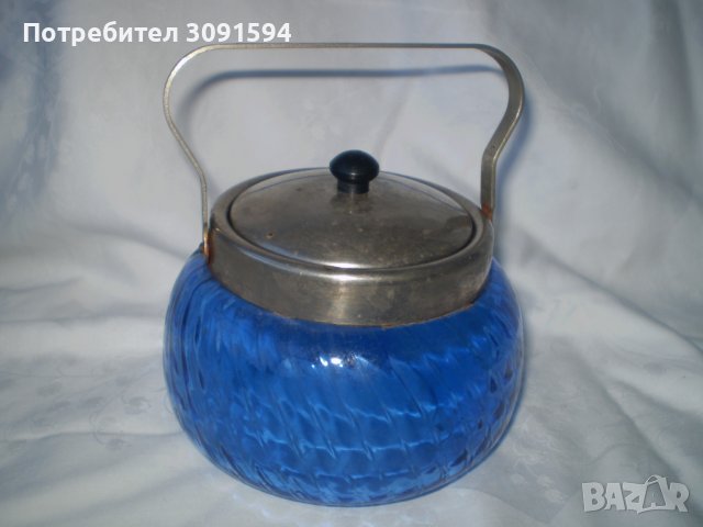 Ретро Бонбониера Синьо стъкло метален капак с дръжка, снимка 5 - Други ценни предмети - 39367235