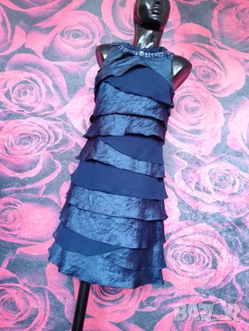 Тъмно синя феерична етажирана лъскава рокля с декорация мъниста М, снимка 4 - Рокли - 39324308
