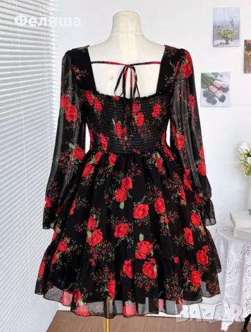 Удивително Красива Романтично Нежна Рокля с Червени Рози, снимка 3 - Рокли - 50410883