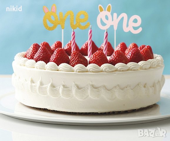 One 1 година годинка с ушички брокатен картонен топер за първи рожден ден украса за торта мъфини, снимка 1 - Други - 37241322