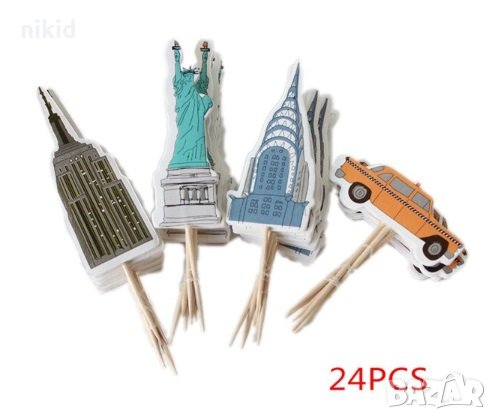 24 бр Статуя на Свободата Кула Сгради Такси топер топери клечки украса за мъфини кексчета торта