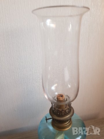 Стара газова френска настолна лампа синьо стъкло, снимка 3 - Антикварни и старинни предмети - 39052776