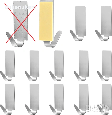 Самозалепващи стенни куки, неръждаема стомана, комплект 11 броя