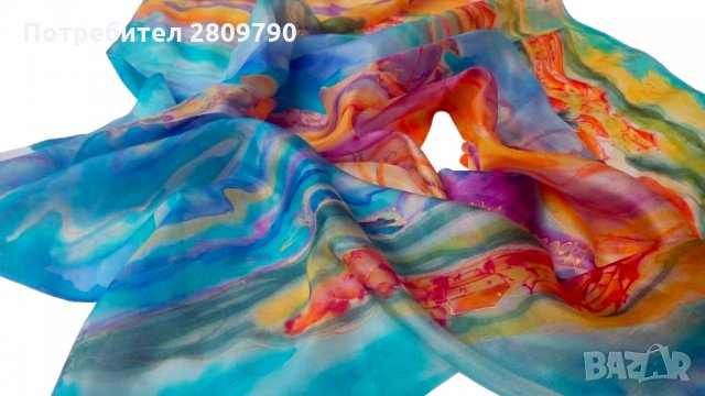 Копринен шал с градски мотиви на Мелницата в Несебър / Silk Scarf with urban motifs of the Mill in N, снимка 6 - Шалове - 34755535