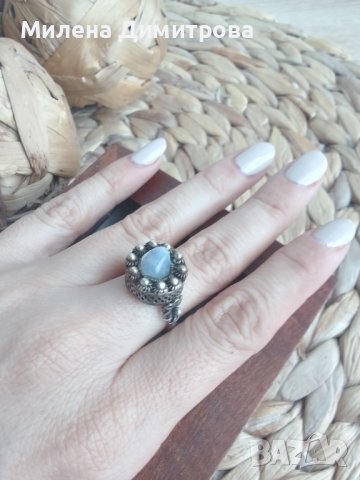 Сребърен пръстен Корона с лунен камък , снимка 2 - Пръстени - 43620923
