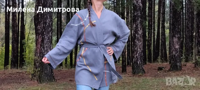 Ръчно рисувано ленено кимоно , снимка 2 - Сака - 48879765