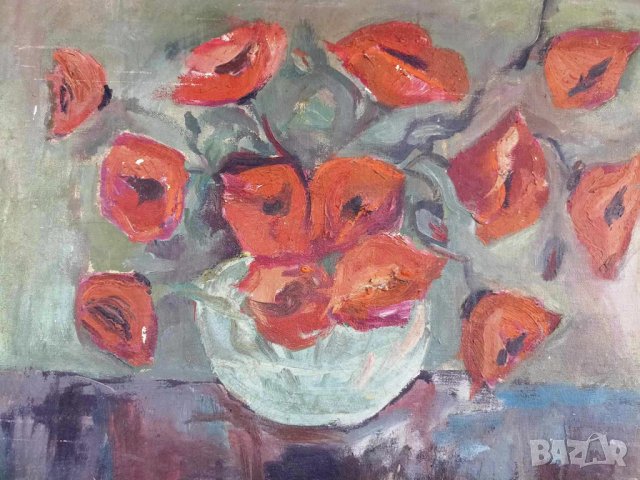 Д.СТОЯНОВА/СТАРА БЪЛГАРСКА МАСЛЕНА КАРТИНА - ВАЗА С ЦВЕТЯ, снимка 2 - Картини - 43671573