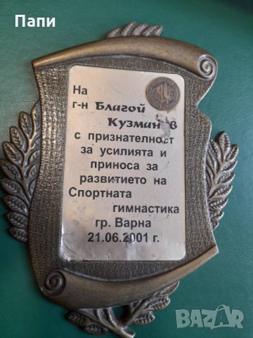 Награда за спортна гимнастика -Благой Кузманов гр.Варна, снимка 1 - Колекции - 33573227