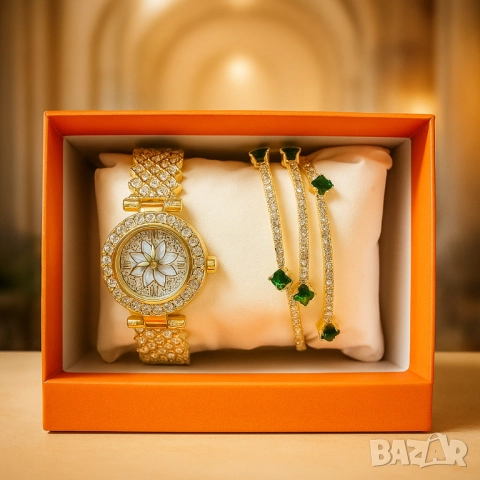 Дамски комплект часовник и гривни с кристали – луксозен подарък в готова кутия