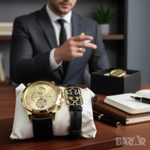 Елегантен мъжки комплект – часовник с черна каишка и гривна с метален щит, снимка 10 - Други - 51947391