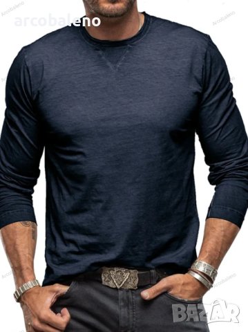 Мъжка едноцветна памучна тениска с кръгло деколте и дълъг ръкав, 6цвята, снимка 4 - Тениски - 43507038