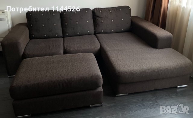 Ъглов диван с лежанка и табуретка в кафяво , снимка 3 - Дивани и мека мебел - 43391072