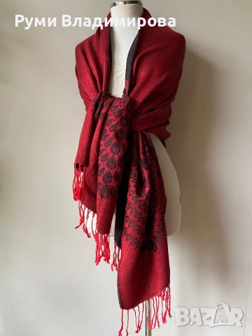 Червен шал от кашмир, коприна, пашмина/ различни видове, снимка 7 - Шалове - 52202180