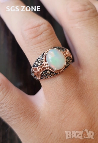 Мъжки сребърен пръстен с бял опал и марказит, снимка 4 - Пръстени - 53370216