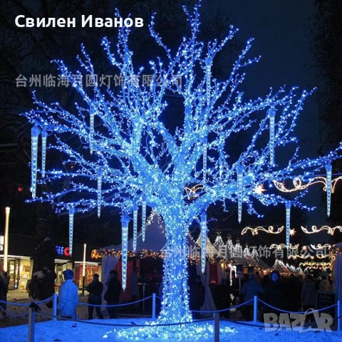 Коледна светеща украса тип падащ сняг / Светеща висулка  42cm / Бяла светлина / 8бр висулки