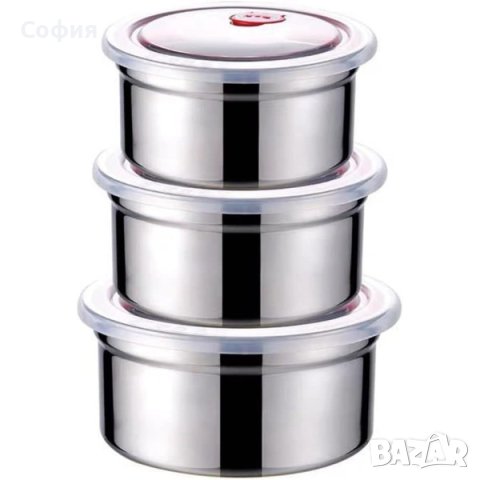 Комплект от три броя кутии за съхранение от неръждаема стомана с пластмасови капаци, снимка 6 - Съдове за готвене - 44024824