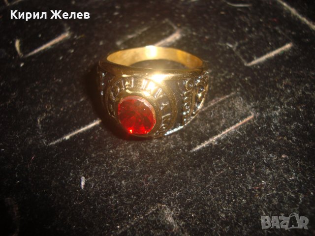 АМЕРИКАНСКИ КОЛЕЖАНСКИ РЯДЪК ПОЗЛАТЕН ПРЪСТЕН от БЛАГОРОДНА СТОМАНА с ФАСЕТИРАН РУБИН 17127, снимка 13 - Пръстени - 33050249