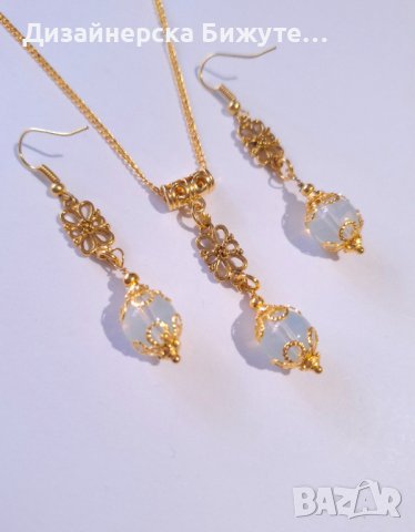 Прекрасен комплект бижута обеци и колие със скъпоценни камъни Опал и филигранни орнаменти цвят злато, снимка 9 - Бижутерийни комплекти - 43414640