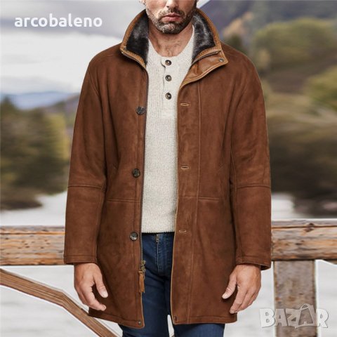 Мъжко кожено палто с вълнена подплата със средна дължина и цип, 4цвята - 023, снимка 6 - Палта - 43331029