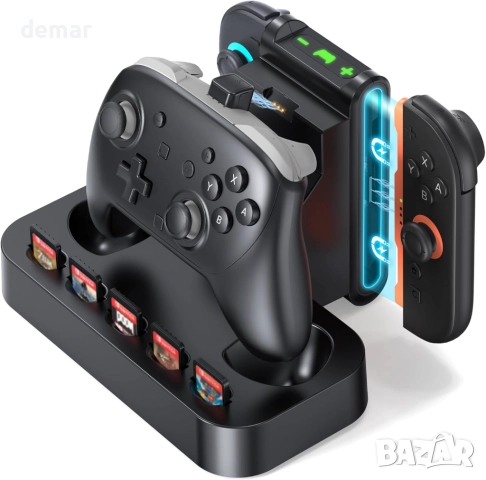 Зарядна станция NEWDERY за контролер Nintendo Switch 2 и Joycon, LED индикатори, слотове за 5 карти