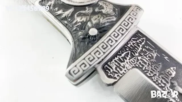 Руски ловен сгъваем нож с кожен калъф гравиран елен и ловец 100х230 мм,, снимка 2 - Ножове - 52132918