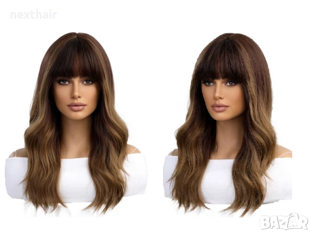 исококачествена кафява чуплива омбре перука с тъмни корени и бретон