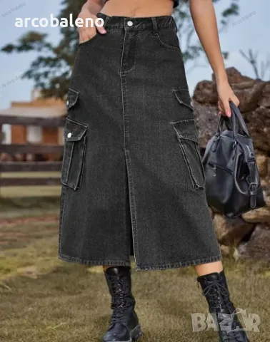 Дамска дънкова карго ежедневна миди пола с еластична талия, 2цвята , снимка 5 - Поли - 48991012