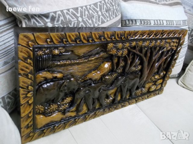 Ръчна Дърворезба Тиково Дърво Слонове Слон  - 61 см на 29,5 см ! Пано За Стена Картина !, снимка 7 - Пана - 39910487