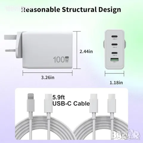 100W USB C Зарядно за Пътуване: Зарежда различни лаптопи и устройства, снимка 5 - Друга електроника - 49811876